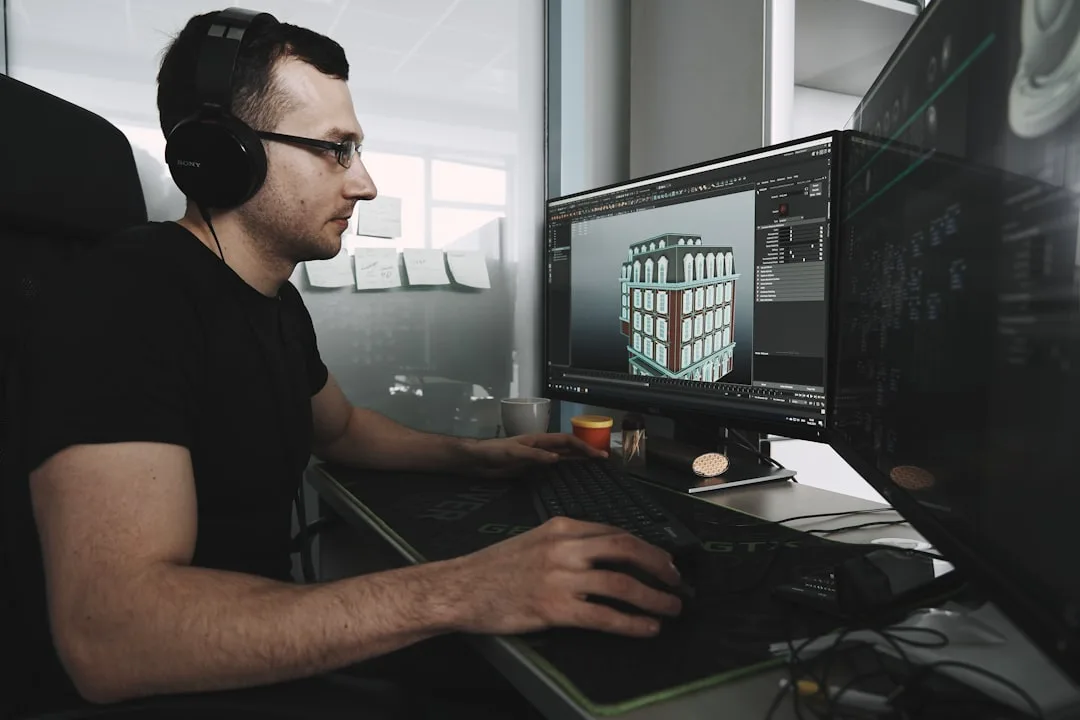 video blogger working at desk
